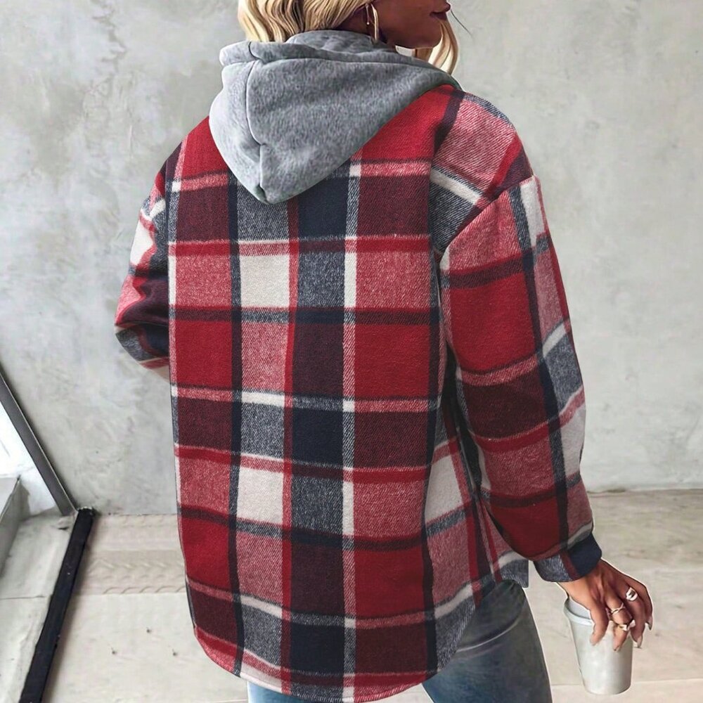 Red Casual Women's Plaid Hooded Jacket - Picture 2 of 5